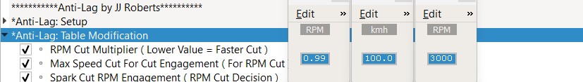 Example EvoPro Anti-Lag XML table preview showing Cut Strength, Max Speed Cut, Activation RPM, Using Cruise Cancel Input